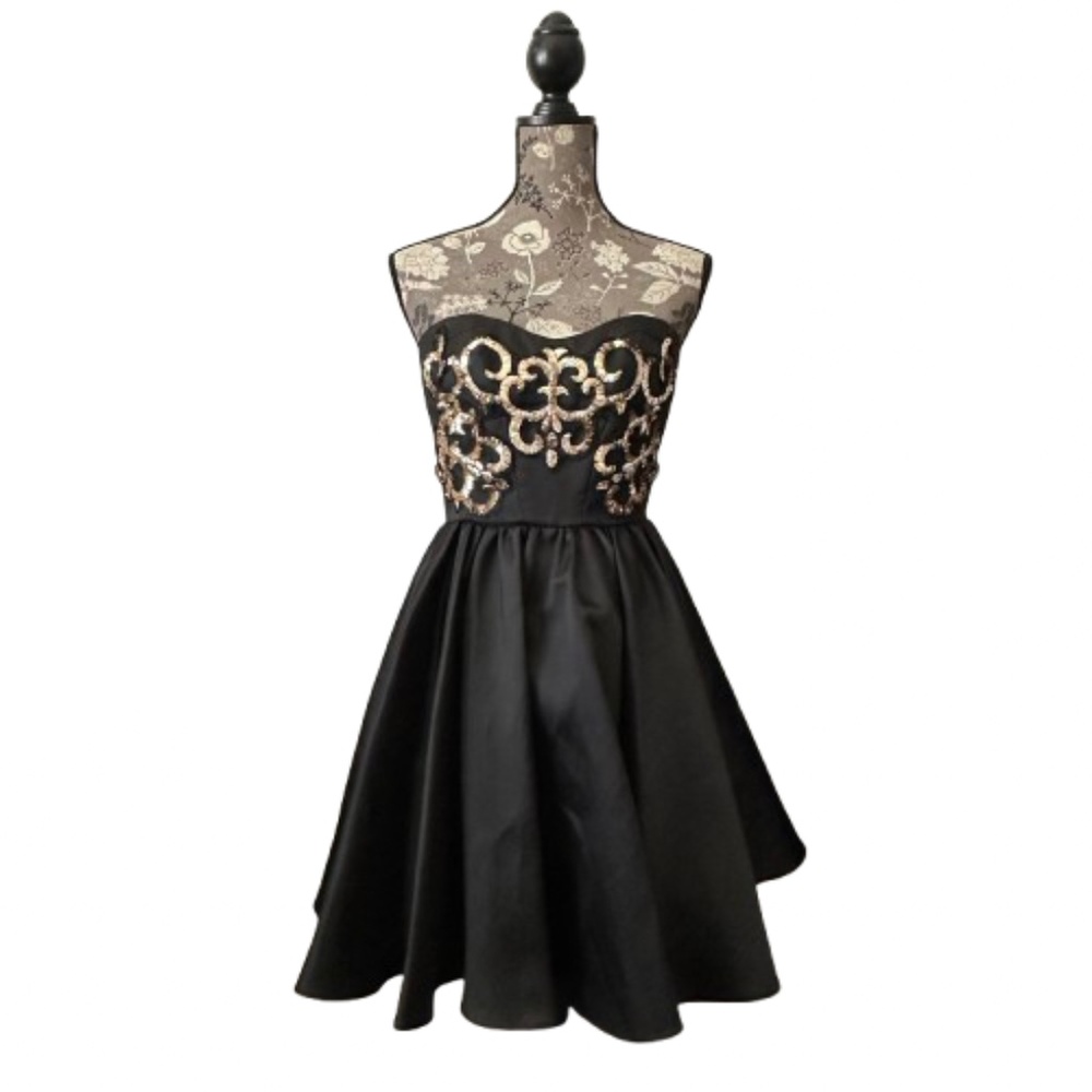 ABS Allen Schwartz Women's Sz. 2 Black & Gold Strapless Mini Prom/Cocktail Dress